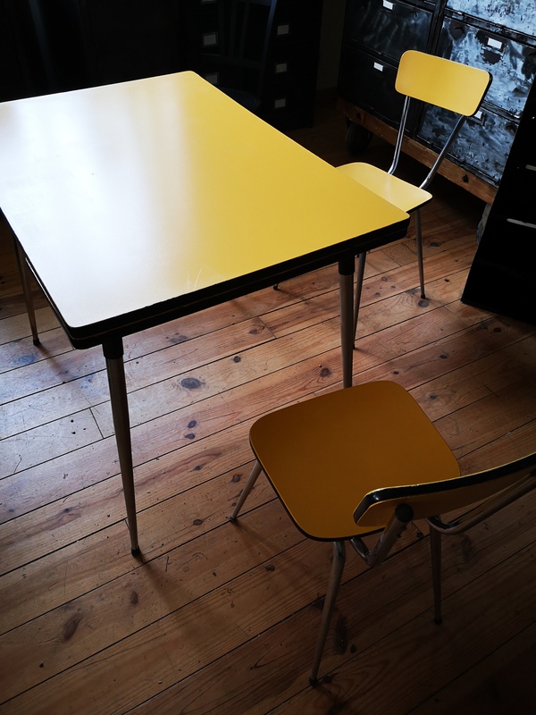 Yellow painted formica table and chairs