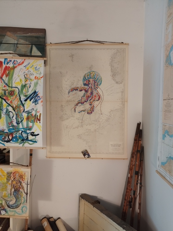 Ink and paint on nautical chart