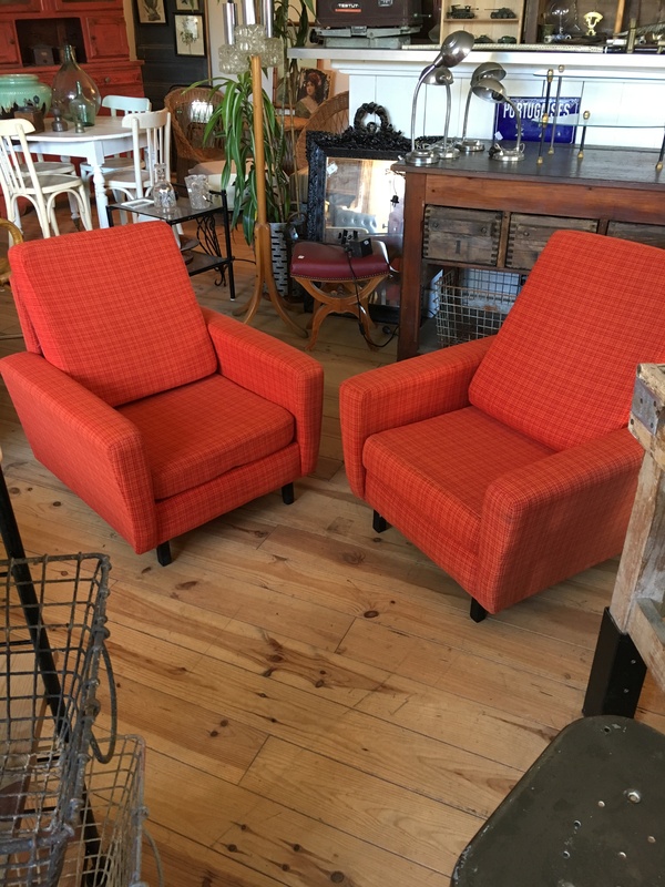 70s red orange tweed armchairs