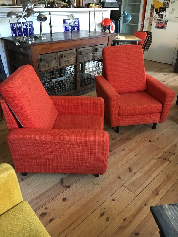 70s red orange tweed armchairs
