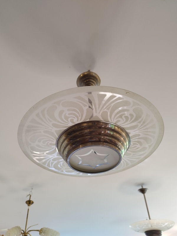 Modernist Bauhaus Chandelier Lamp 1935 Art Deco Chandelier Chrome and Frosted Glass