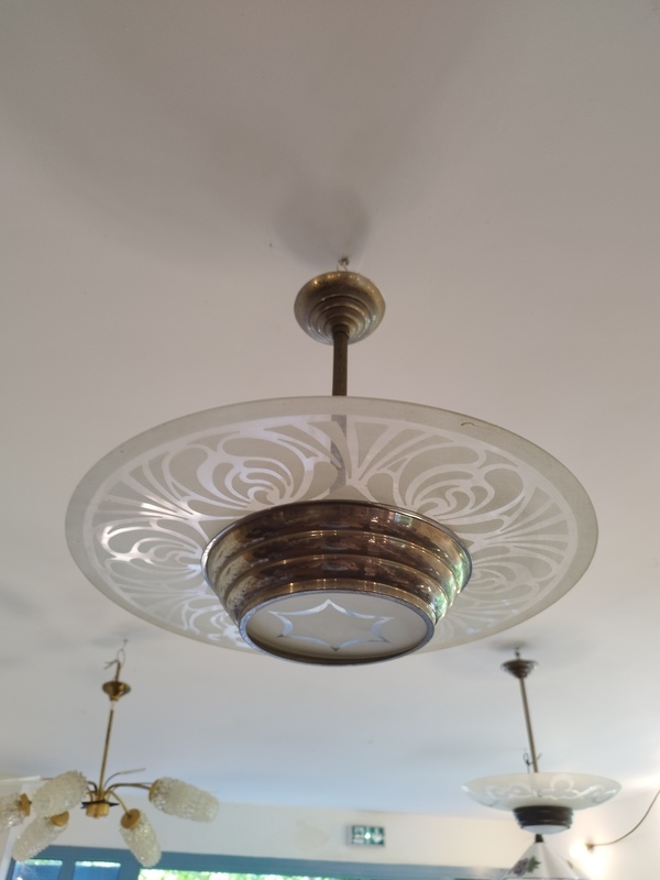 Modernist Bauhaus Chandelier Lamp 1935 Art Deco Chandelier Chrome and Frosted Glass