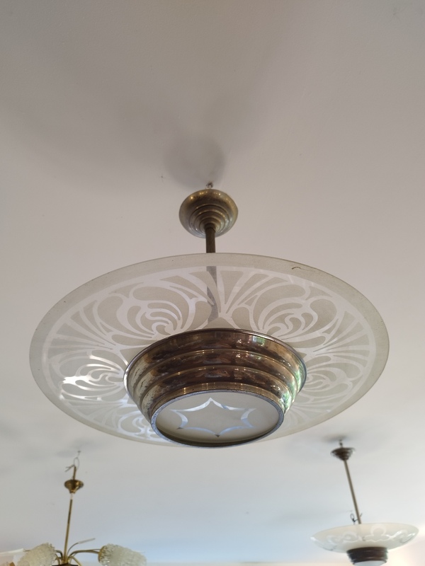 Modernist Bauhaus Chandelier Lamp 1935 Art Deco Chandelier Chrome and Frosted Glass