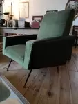 Pair of 60s black skai and green velvet armchairs