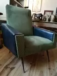 Pair of 60s black skai and green velvet armchairs
