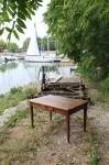 Dark wood table from the 1950s.