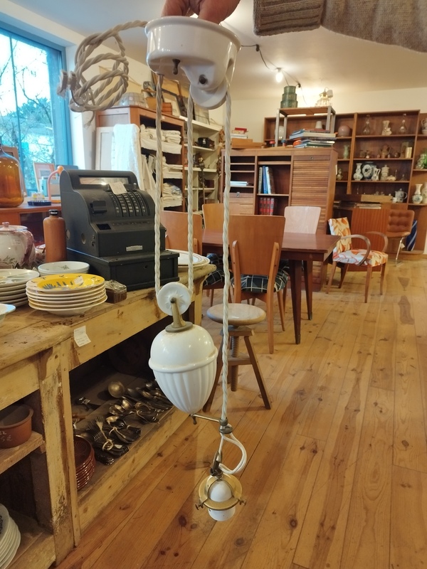 White porcelain and brass adjustable height pendant light 