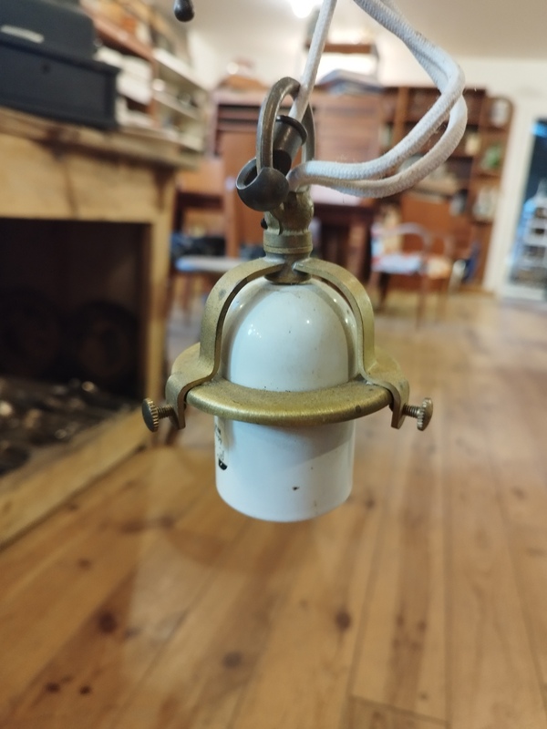 White porcelain and brass adjustable height pendant light 