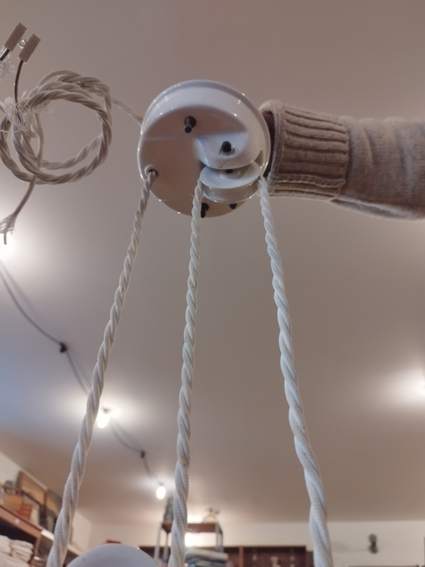 White porcelain and brass adjustable height pendant light 